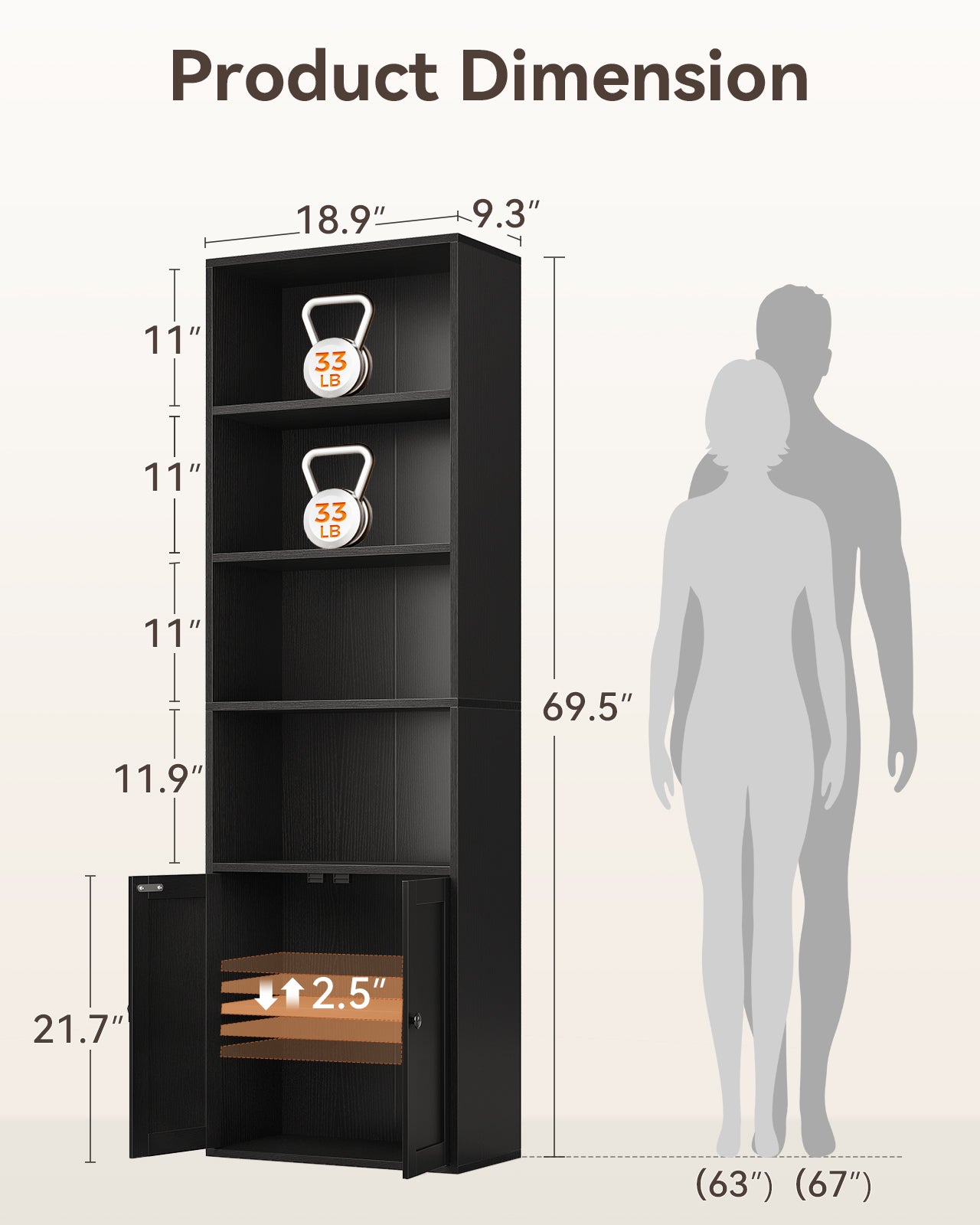 Bookshelf and Bookcase with Doors, Floor Standing 6-Tier Shelf Display Storage Shelves, Tall Bookcases for Home Office, Living Room, Black