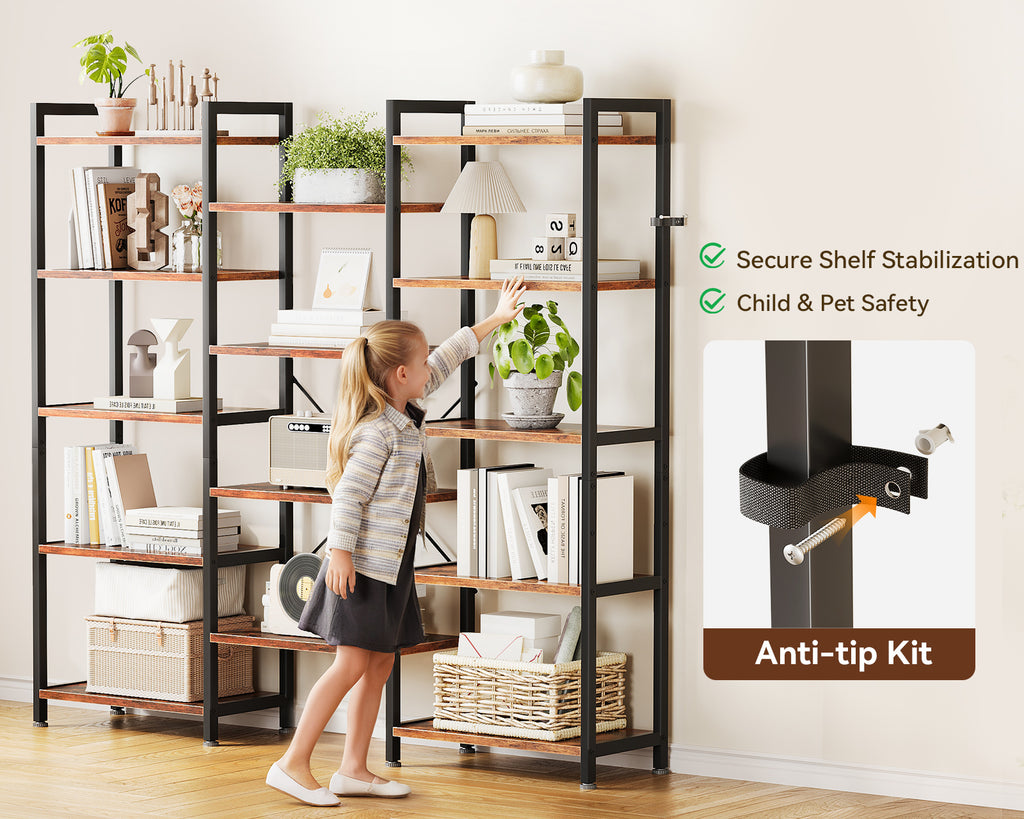 Triple 5 Tier Bookshelf, Large Bookcase with 14 Open Display Shelves, Modern Industrial Book Shelves Book Case for Bedroom, Wide Standing Shelving Unit for Living Room Home Office, Vintage