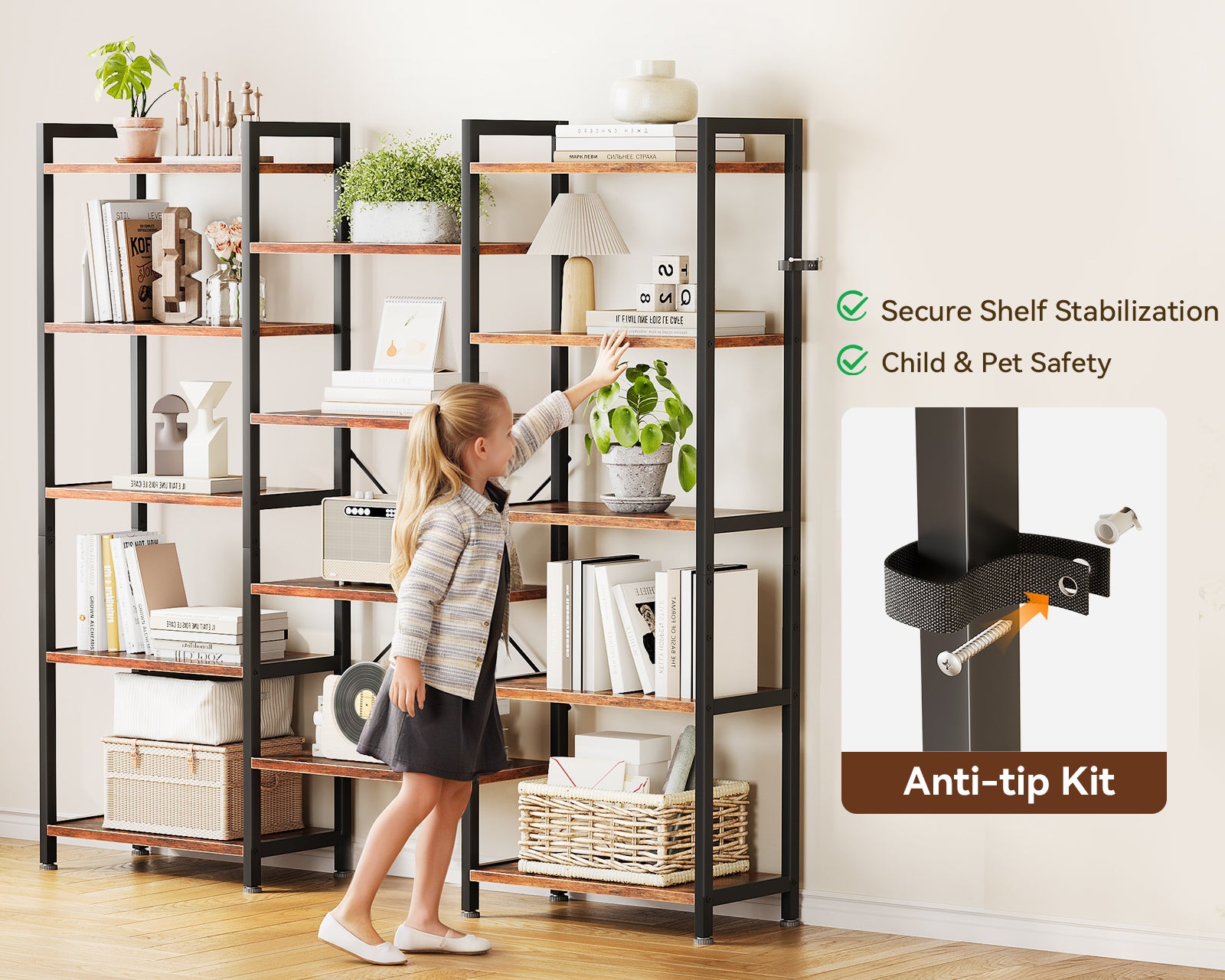 Triple 5 Tier Bookshelf, Large Bookcase with 14 Open Display Shelves, Modern Industrial Book Shelves Book Case for Bedroom, Wide Standing Shelving Unit for Living Room Home Office, Vintage