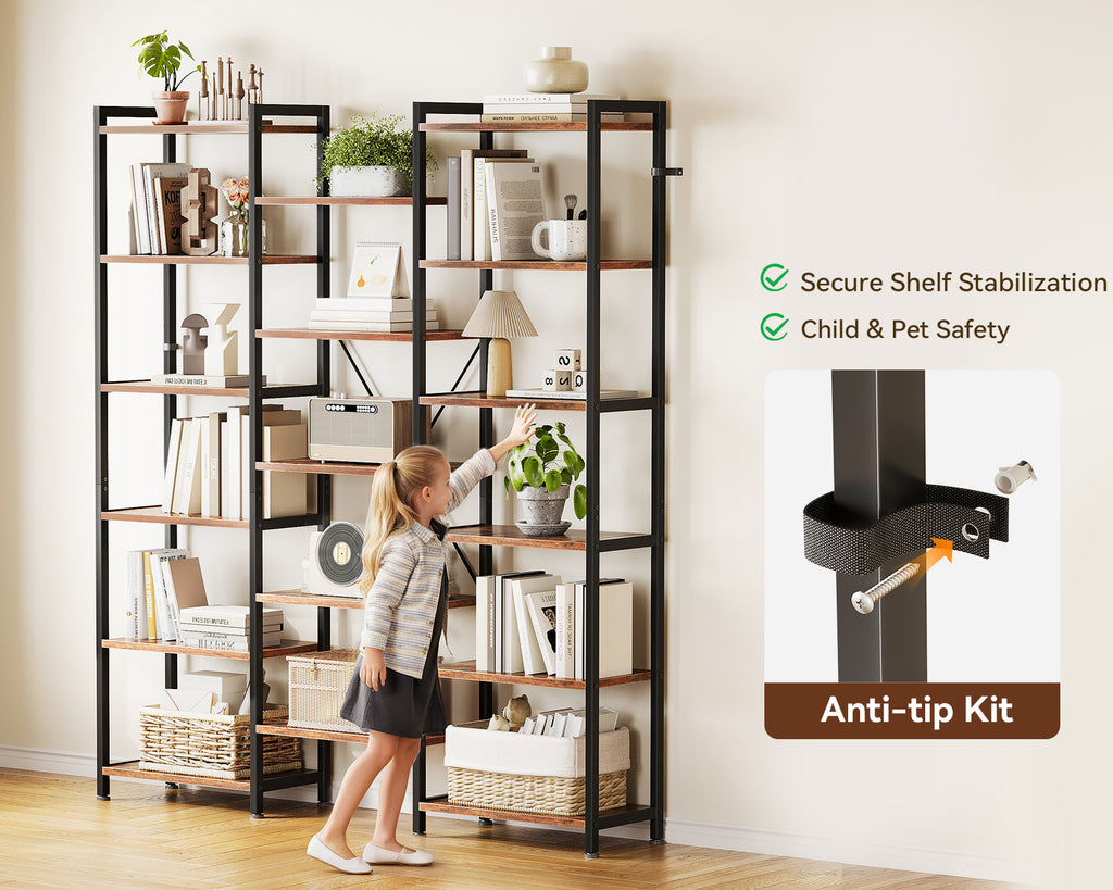 Triple 6 Tier Bookshelf, Large Bookcase with 17 Open Display Shelves, Modern Industrial Book Shelves Book Case for Bedroom, Wide Standing Shelving Unit for Living Room Home Office, Vintage