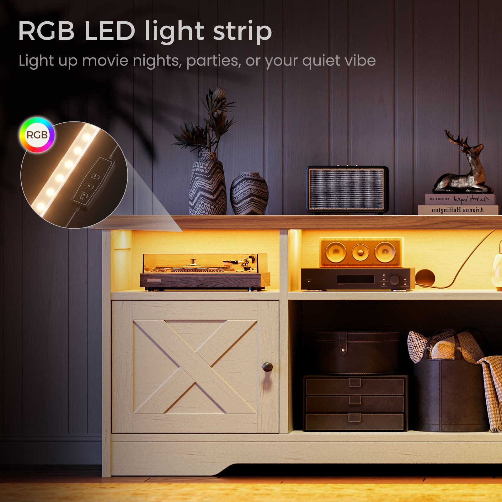 TV Stand for 65 Inch TV, Farmhouse Entertainment Center with Power Outlet & LED Light and Storage Cabinets, Console Table and Media Furniture for Living Room Bedroom