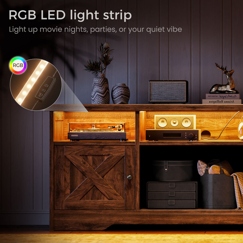 TV Stand for 65 Inch TV, Farmhouse Entertainment Center with Power Outlet & LED Light and Storage Cabinets, Console Table and Media Furniture for Living Room Bedroom