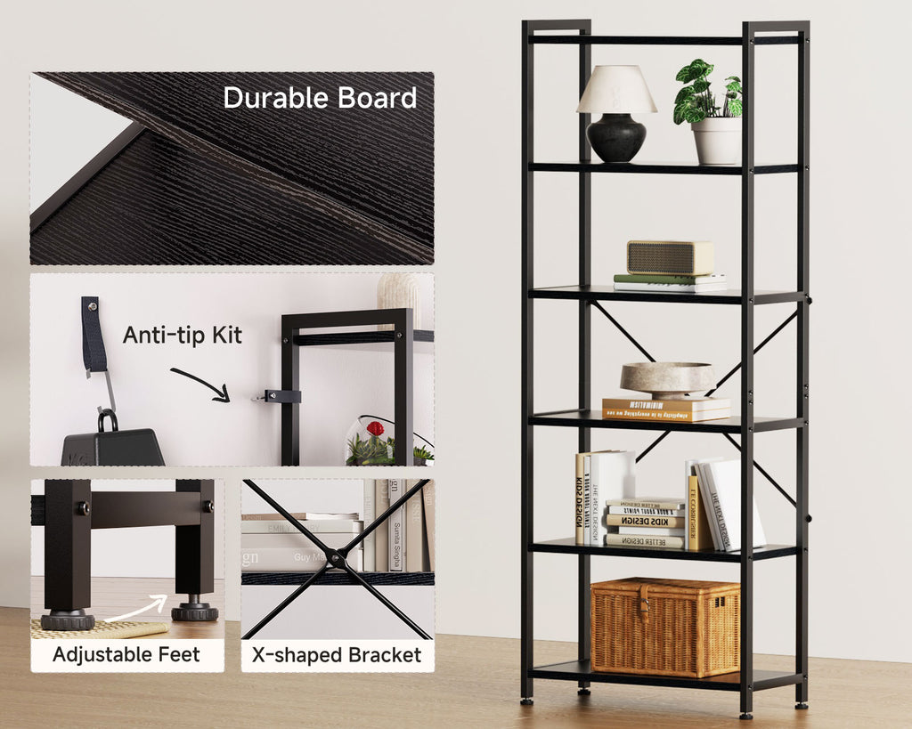 Book Shelf, 6 Tier Tall Bookshelf, Modern Wood Bookcase Shelves for Bedroom, Industrial Display Shelf for Living Room Home Office Kitchen, Standing Shelving Unit Storage Organizer, Black