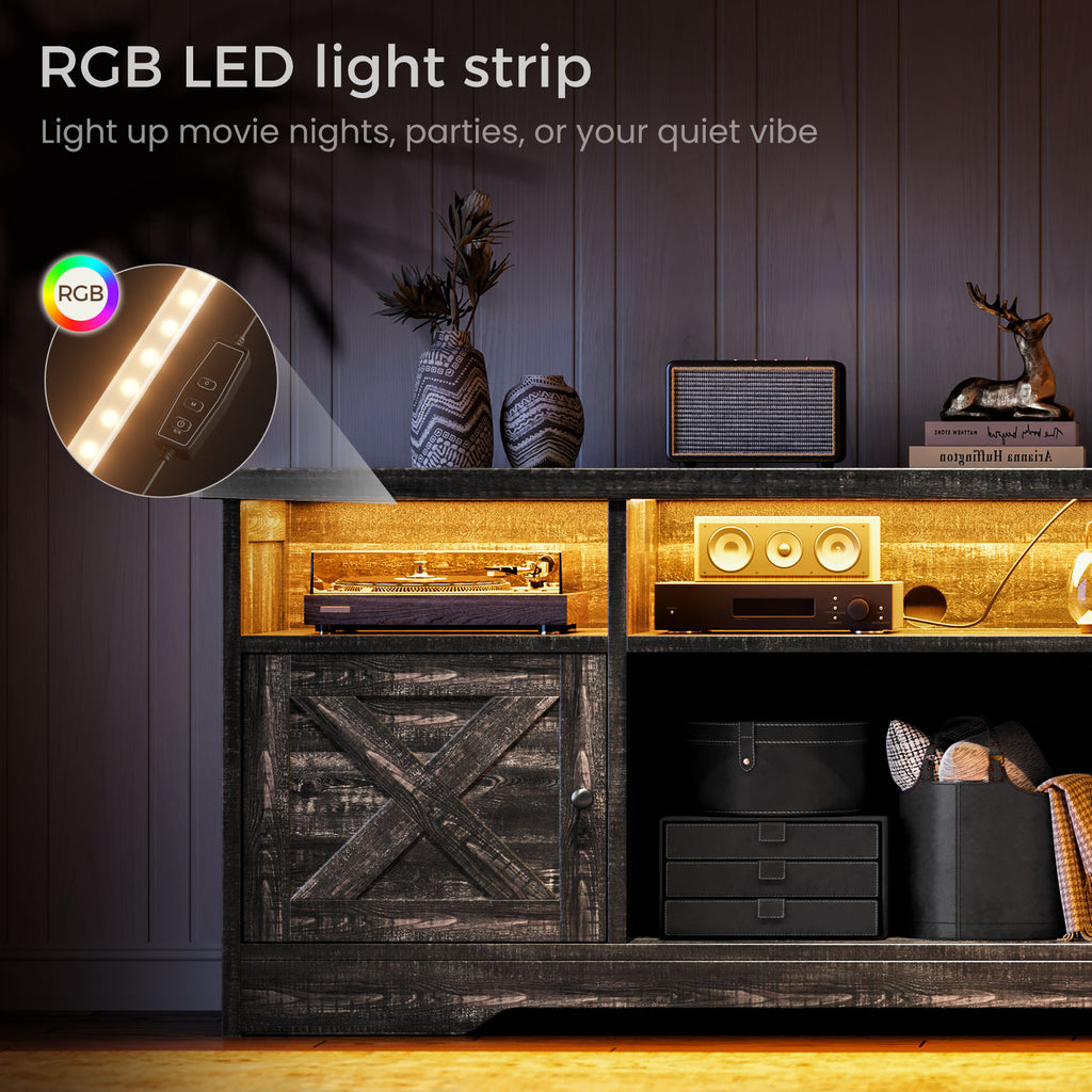 TV Stand for 65 Inch TV, Farmhouse Entertainment Center with Power Outlet & LED Light and Storage Cabinets, Console Table and Media Furniture for Living Room Bedroom