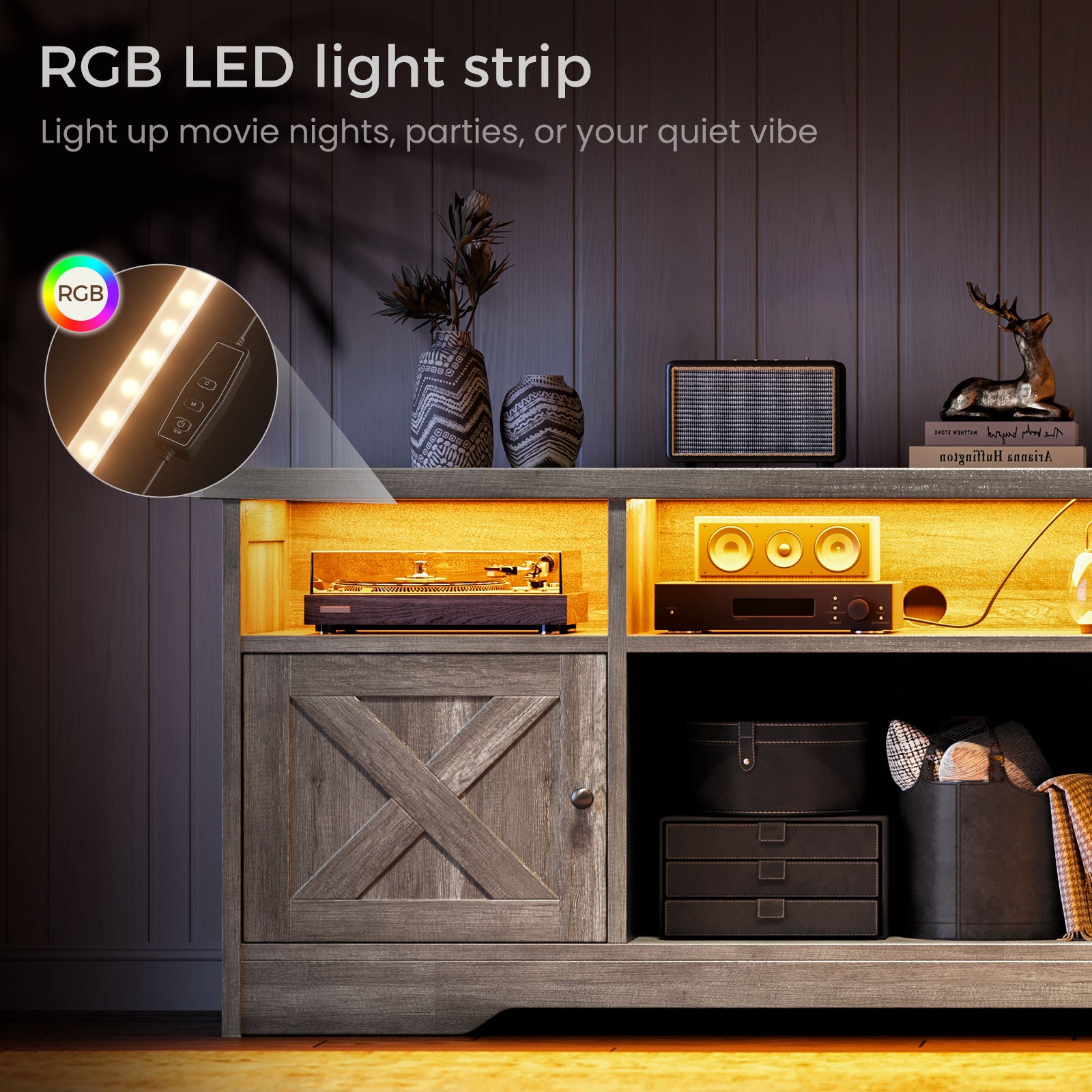 TV Stand for 65 Inch TV, Farmhouse Entertainment Center with Power Outlet & LED Light and Storage Cabinets, Console Table and Media Furniture for Living Room Bedroom