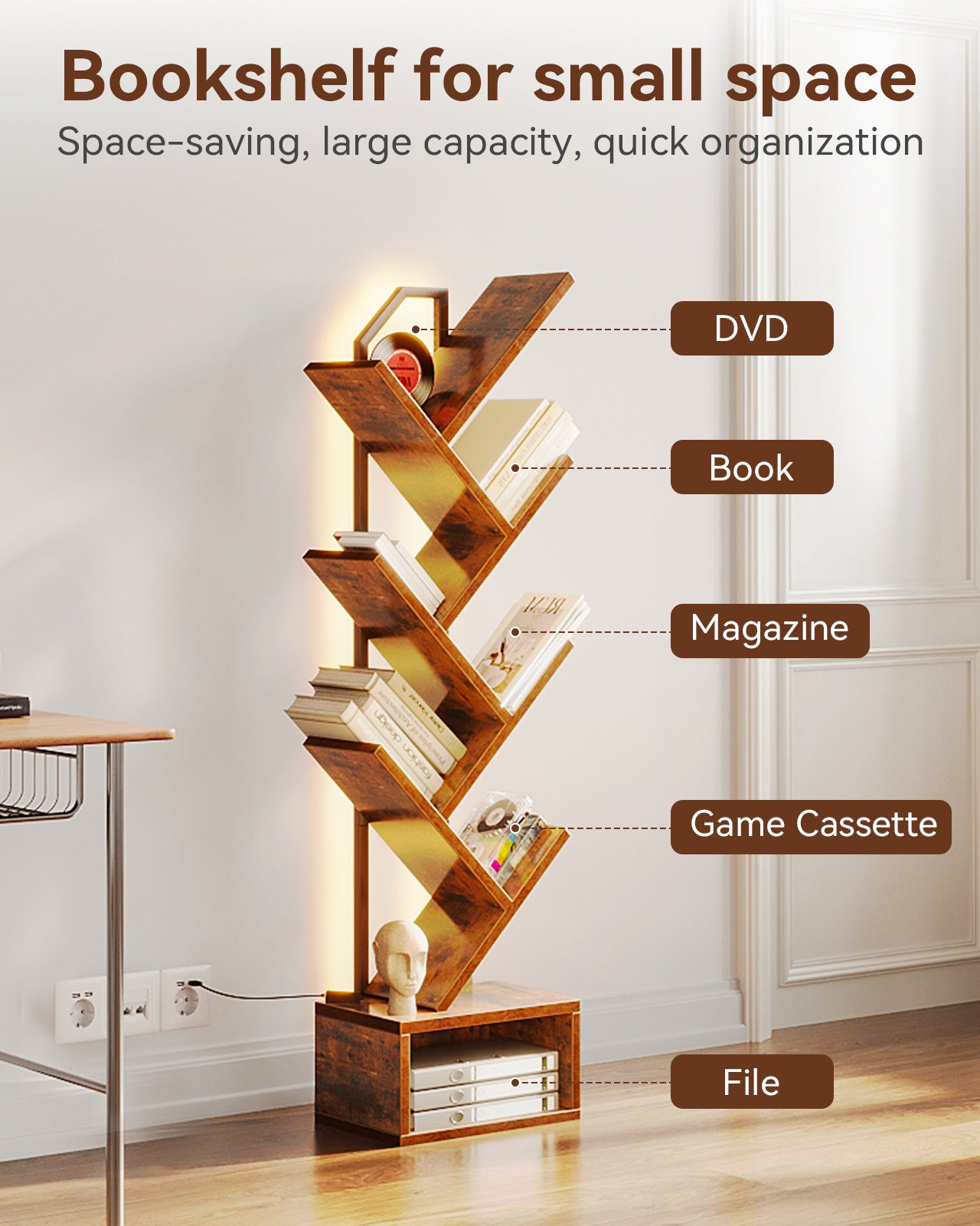 Tree Bookshelf with LED Lights, 6-Tier Narrow Bookcase for Small Spaces, Tall Steel & Wood Storage Shelf with Cabinet, Home Decor & Organizer for Living Room/Bedroom/Home Office, Vintage