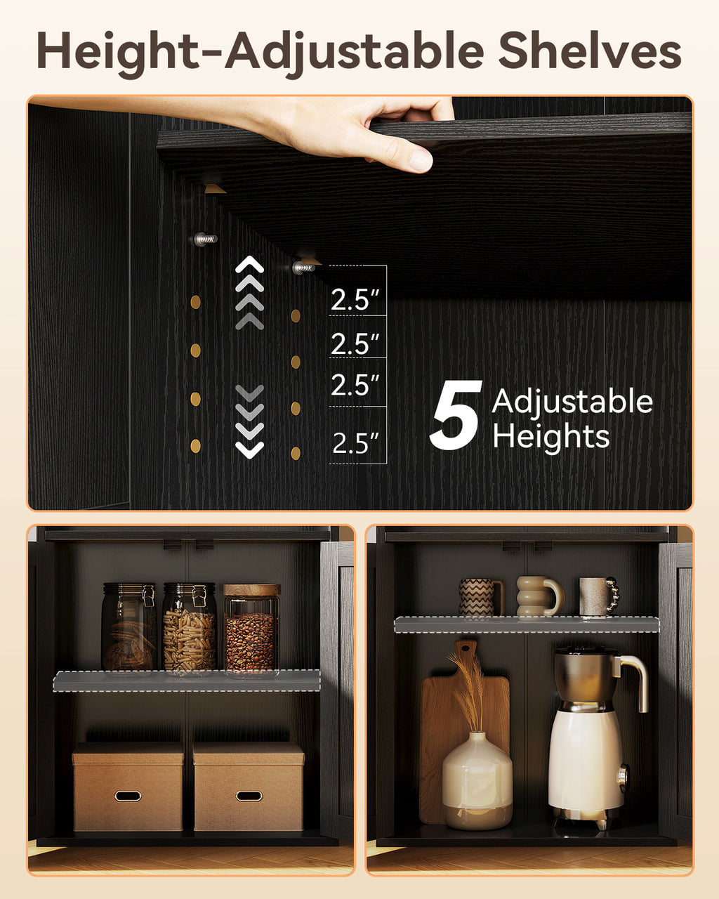 Bookshelf and Bookcase with Doors, Floor Standing 6-Tier Shelf Display Storage Shelves, Tall Bookcases for Home Office, Living Room, Black