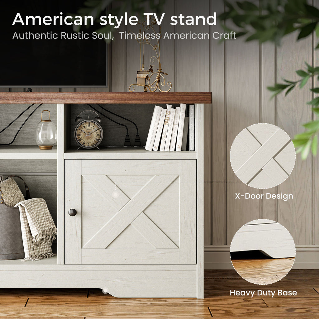 TV Stand for 65 Inch TV, Farmhouse Entertainment Center with Power Outlet & LED Light and Storage Cabinets, Console Table and Media Furniture for Living Room Bedroom