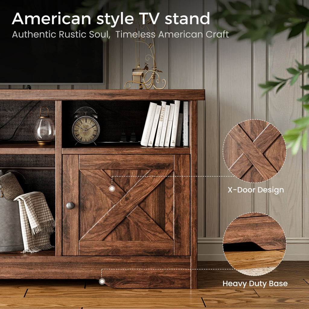 TV Stand for 65 Inch TV, Farmhouse Entertainment Center with Power Outlet & LED Light and Storage Cabinets, Console Table and Media Furniture for Living Room Bedroom