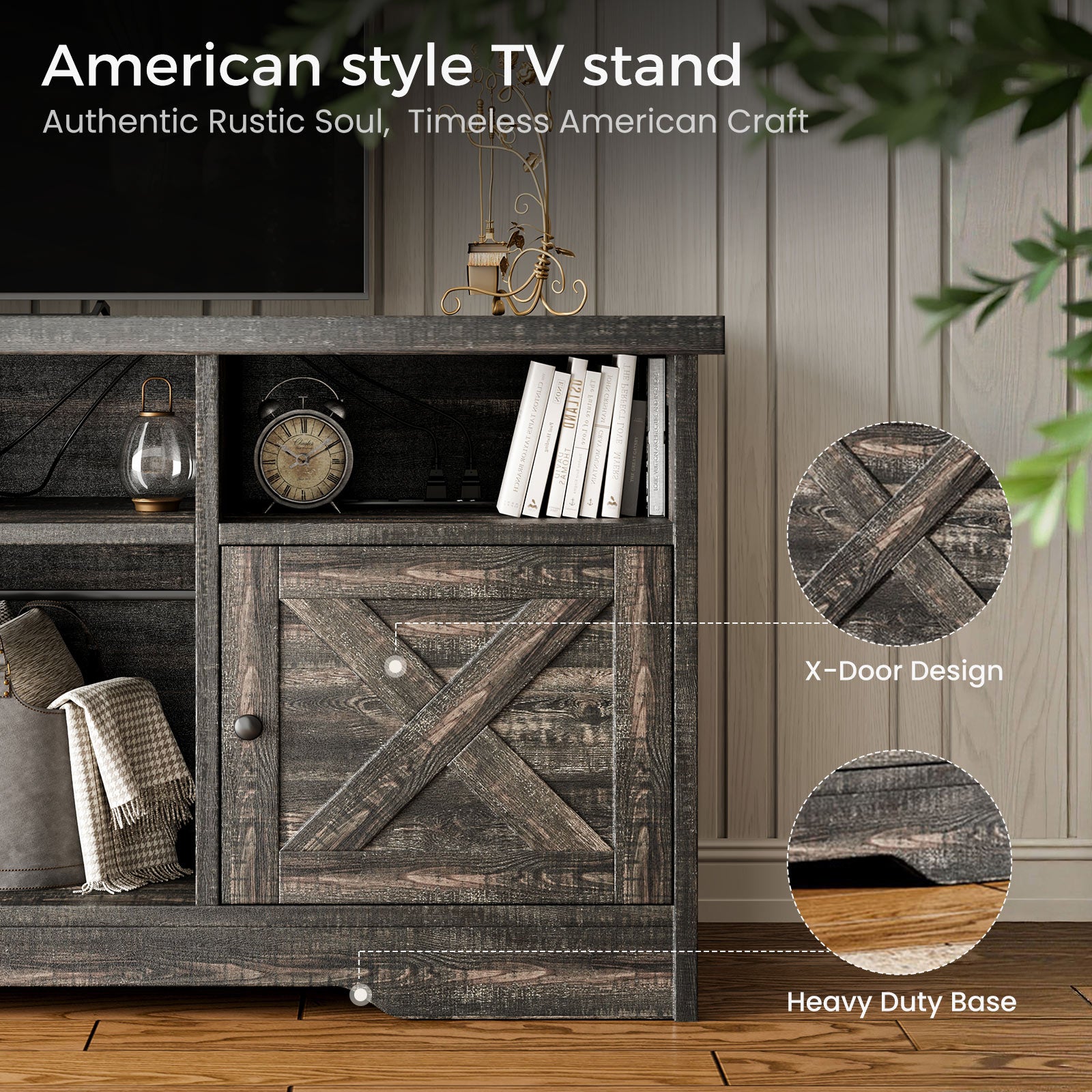 TV Stand for 65 Inch TV, Farmhouse Entertainment Center with Power Outlet & LED Light and Storage Cabinets, Console Table and Media Furniture for Living Room Bedroom