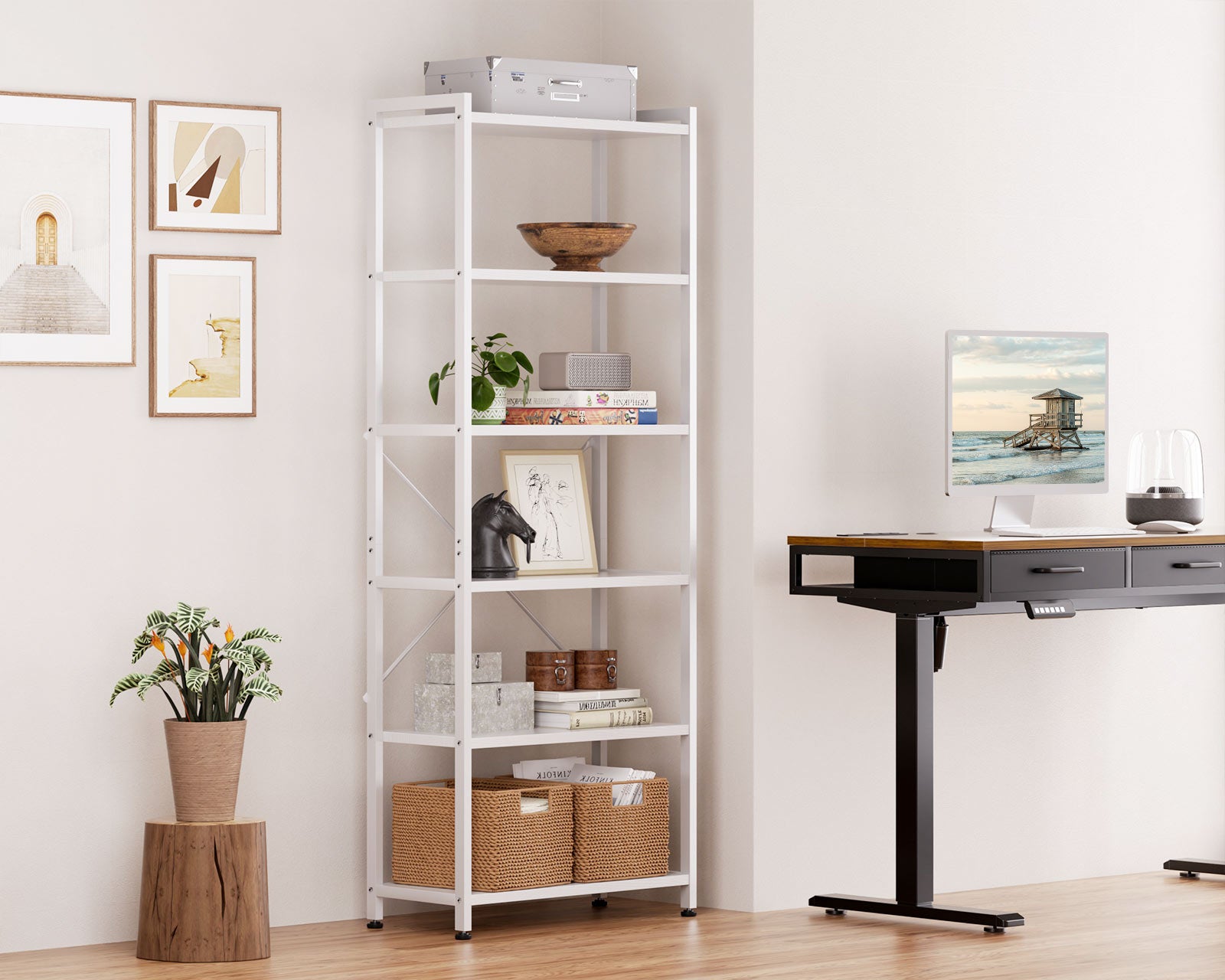 Book Shelf, 6 Tier Tall Bookshelf, Modern Wood Bookcase Shelves for Bedroom, Industrial Display Shelf for Living Room Home Office Kitchen, Standing Shelving Unit Storage Organizer, White