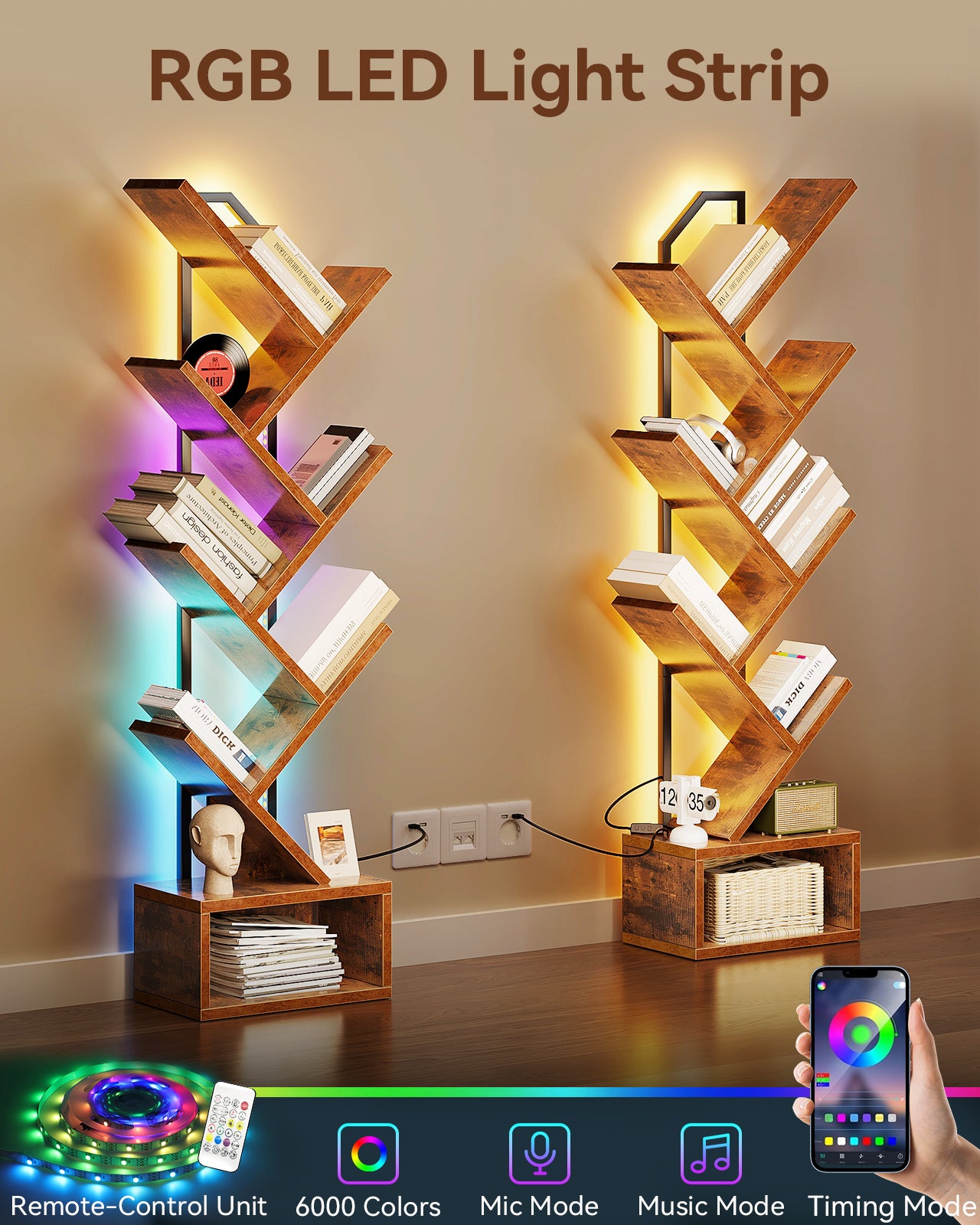 Tree Bookshelf with LED Lights, 6-Tier Narrow Bookcase for Small Spaces, Tall Steel & Wood Storage Shelf with Cabinet, Home Decor & Organizer for Living Room/Bedroom/Home Office, Vintage
