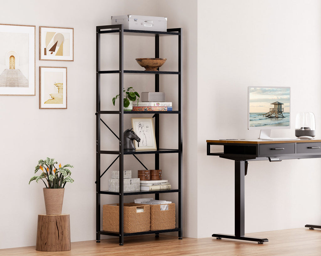 Book Shelf, 6 Tier Tall Bookshelf, Modern Wood Bookcase Shelves for Bedroom, Industrial Display Shelf for Living Room Home Office Kitchen, Standing Shelving Unit Storage Organizer, Black