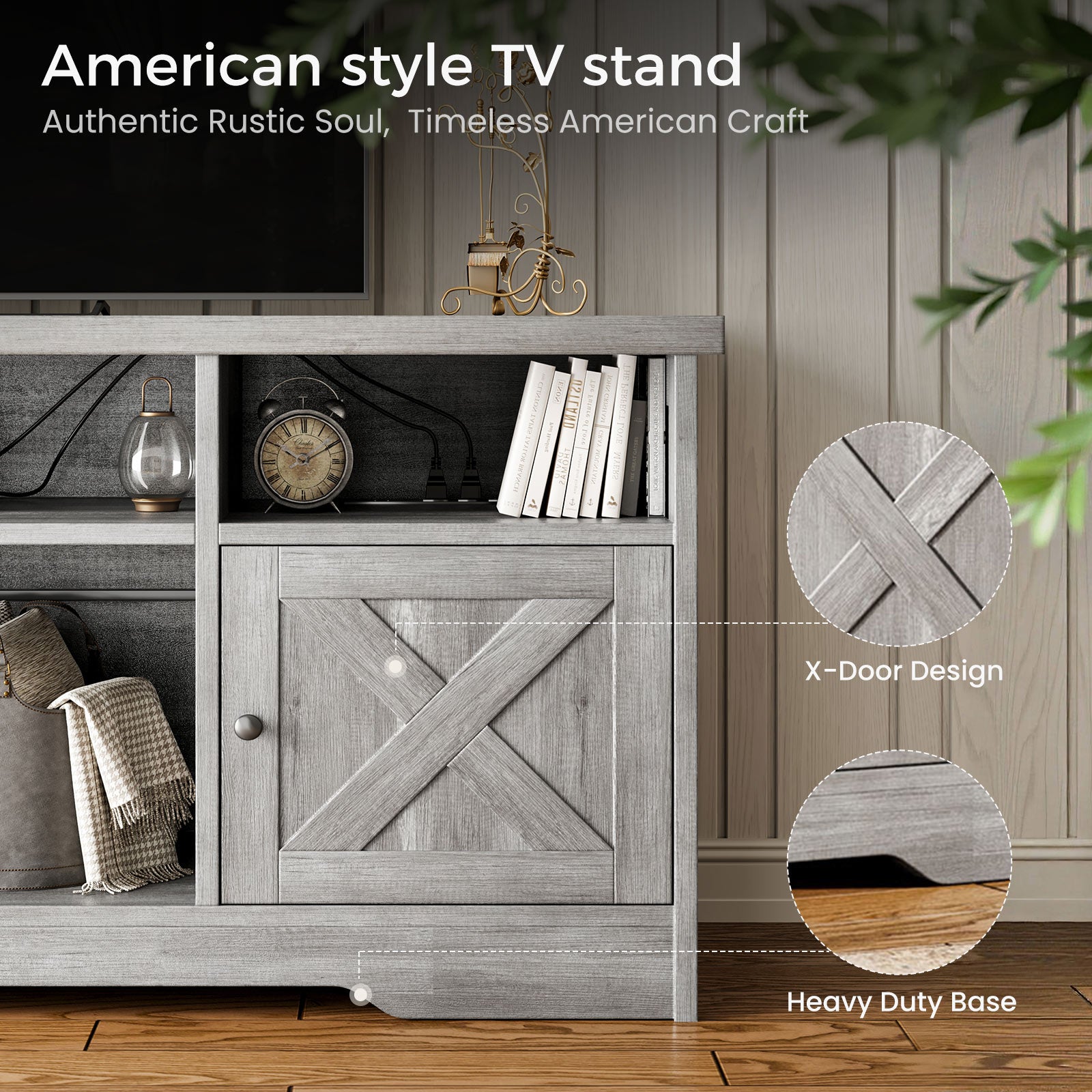 TV Stand for 65 Inch TV, Farmhouse Entertainment Center with Power Outlet & LED Light and Storage Cabinets, Console Table and Media Furniture for Living Room Bedroom