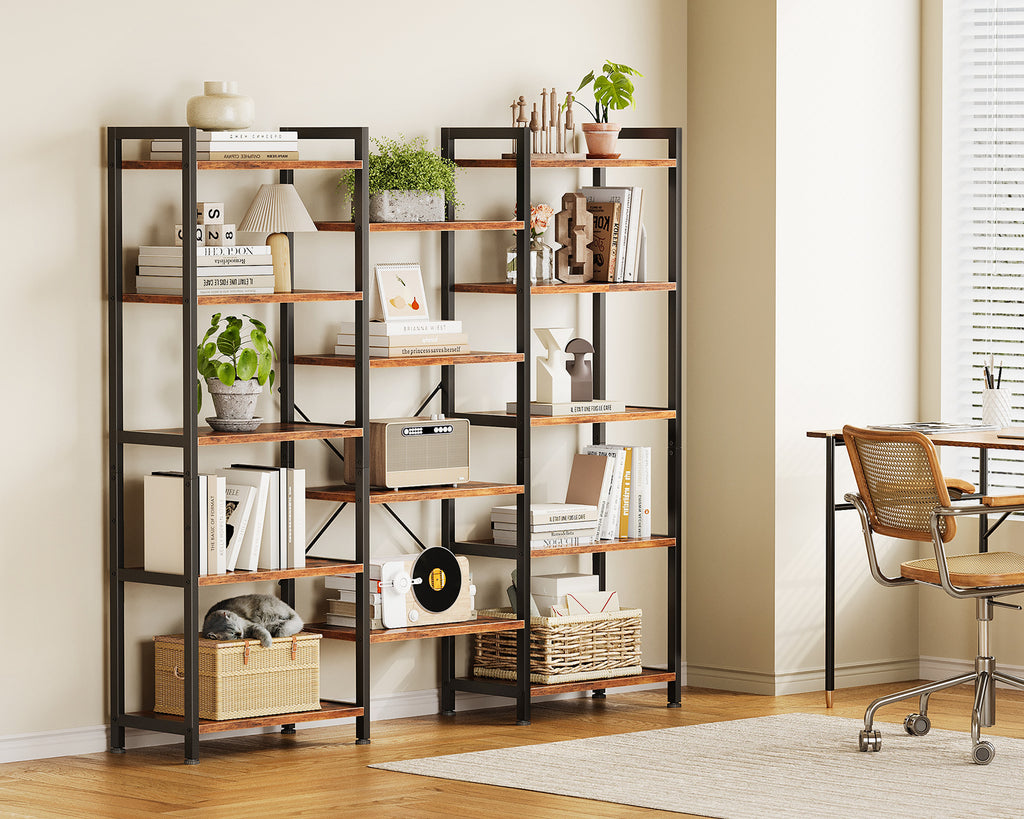 Triple 5 Tier Bookshelf, Large Bookcase with 14 Open Display Shelves, Modern Industrial Book Shelves Book Case for Bedroom, Wide Standing Shelving Unit for Living Room Home Office, Vintage