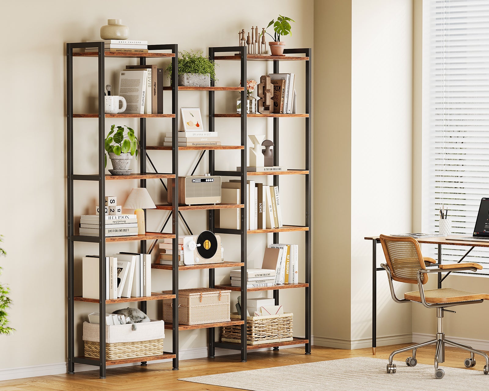 Triple 6 Tier Bookshelf, Large Bookcase with 17 Open Display Shelves, Modern Industrial Book Shelves Book Case for Bedroom, Wide Standing Shelving Unit for Living Room Home Office, Vintage