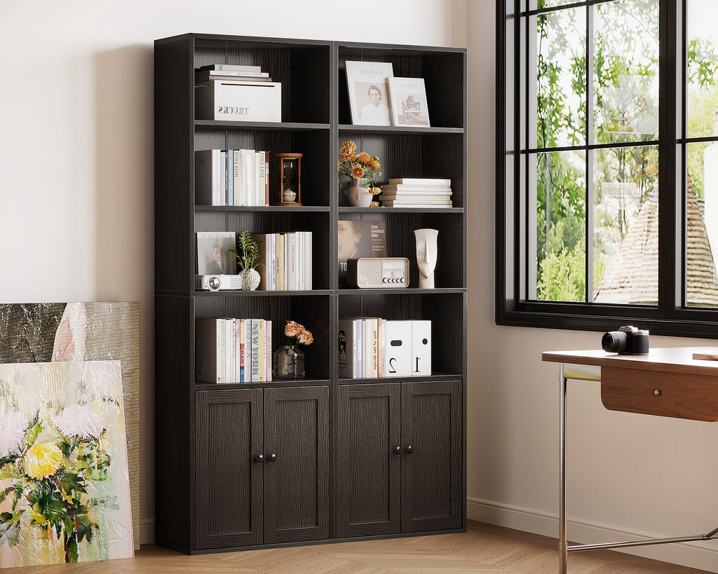 Bookshelf and Bookcase with Doors, Floor Standing 6-Tier Shelf Display Storage Shelves, Tall Bookcases for Home Office, Living Room, Black