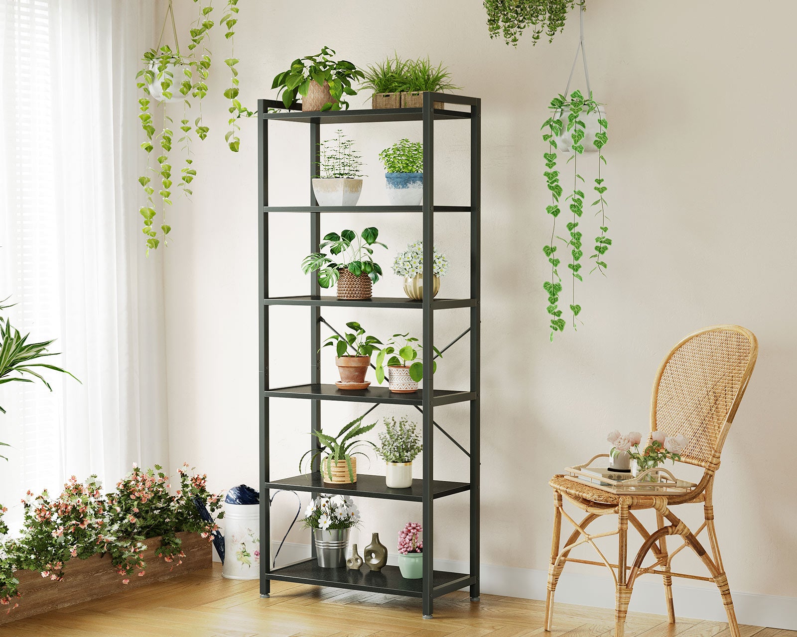 Book Shelf, 6 Tier Tall Bookshelf, Modern Wood Bookcase Shelves for Bedroom, Industrial Display Shelf for Living Room Home Office Kitchen, Standing Shelving Unit Storage Organizer, Black