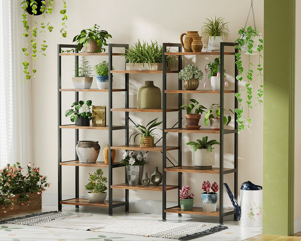 Triple 5 Tier Bookshelf, Large Bookcase with 14 Open Display Shelves, Modern Industrial Book Shelves Book Case for Bedroom, Wide Standing Shelving Unit for Living Room Home Office, Vintage