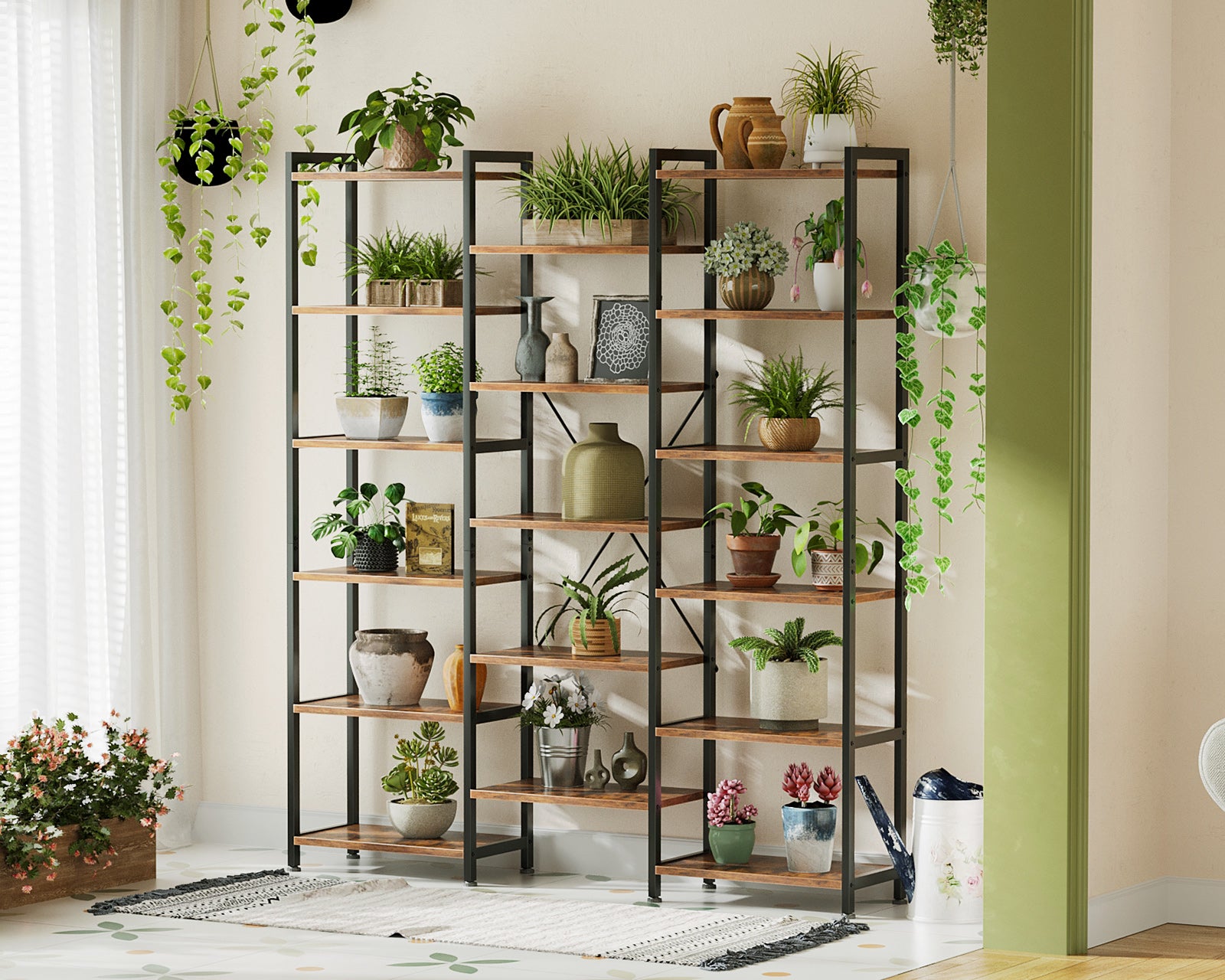 Triple 6 Tier Bookshelf, Large Bookcase with 17 Open Display Shelves, Modern Industrial Book Shelves Book Case for Bedroom, Wide Standing Shelving Unit for Living Room Home Office, Vintage