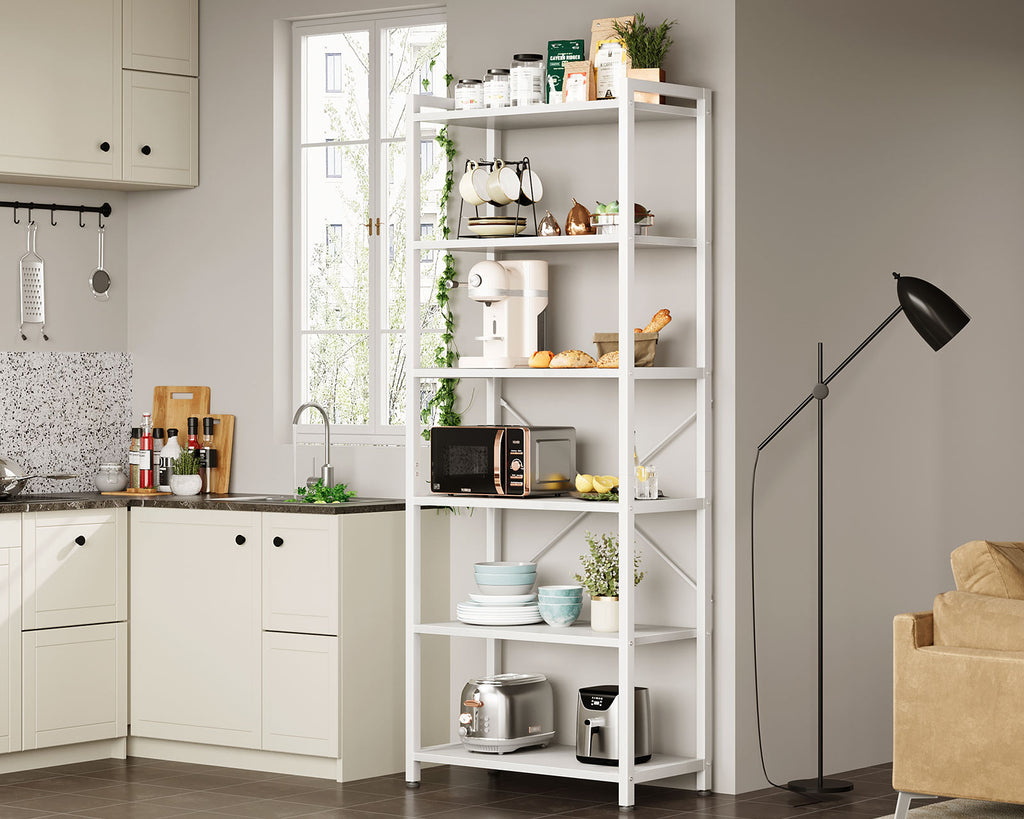 Book Shelf, 6 Tier Tall Bookshelf, Modern Wood Bookcase Shelves for Bedroom, Industrial Display Shelf for Living Room Home Office Kitchen, Standing Shelving Unit Storage Organizer, White