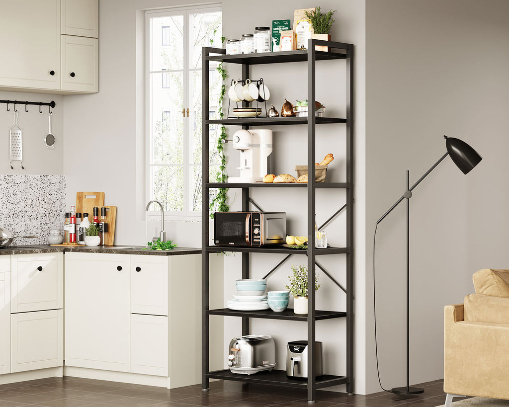 Book Shelf, 6 Tier Tall Bookshelf, Modern Wood Bookcase Shelves for Bedroom, Industrial Display Shelf for Living Room Home Office Kitchen, Standing Shelving Unit Storage Organizer, Black