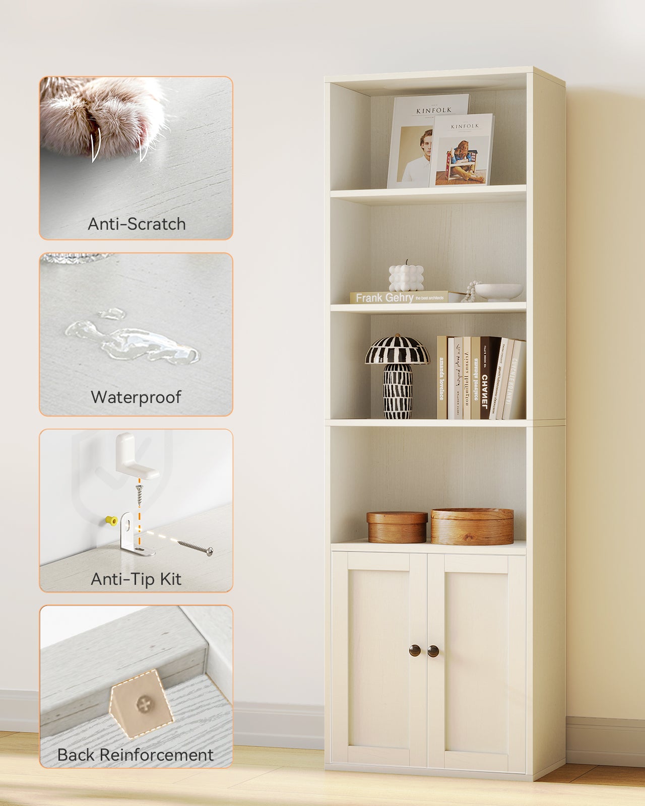 Bookshelf and Bookcase with Doors, Floor Standing 6-Tier Shelf Display Storage Shelves, Tall Bookcases for Home Office, Living Room, White