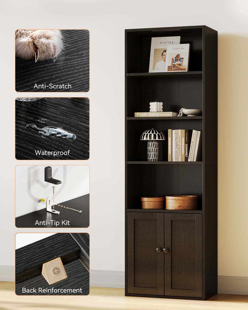 Bookshelf and Bookcase with Doors, Floor Standing 6-Tier Shelf Display Storage Shelves, Tall Bookcases for Home Office, Living Room, Black