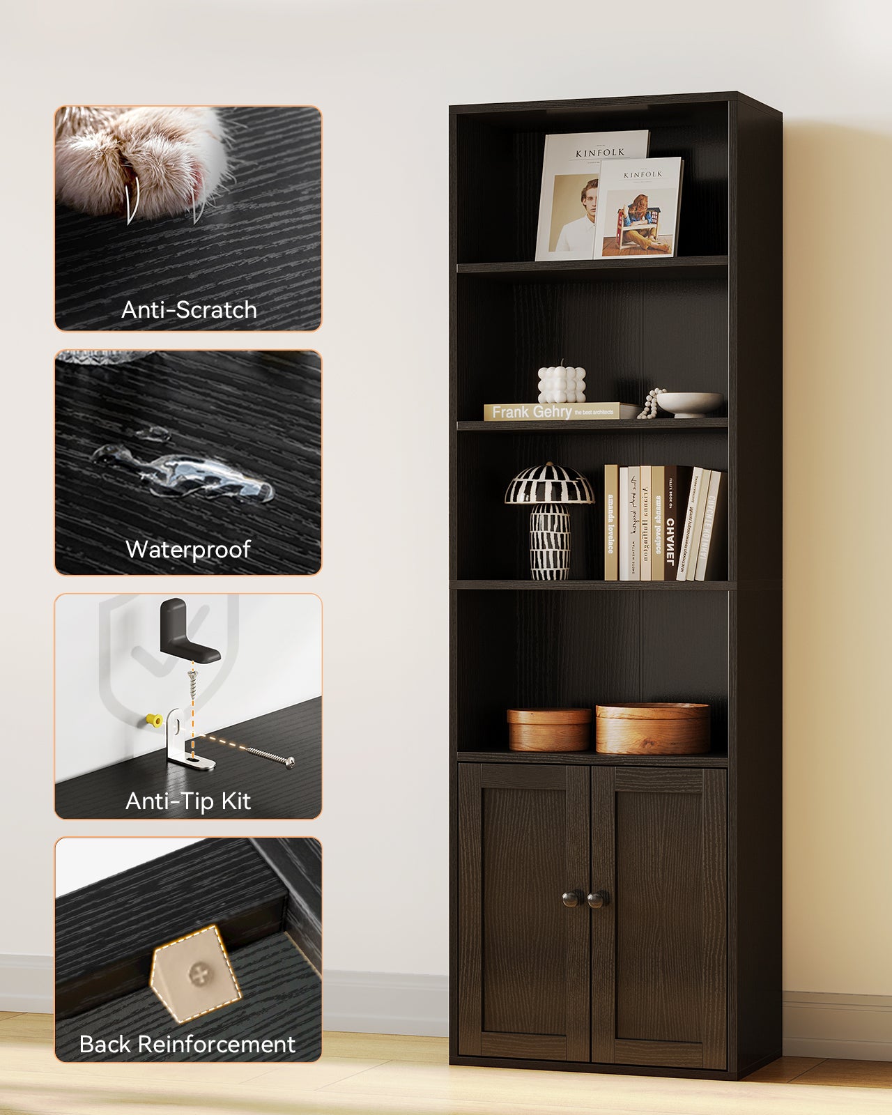 Bookshelf and Bookcase with Doors, Floor Standing 6-Tier Shelf Display Storage Shelves, Tall Bookcases for Home Office, Living Room, Black