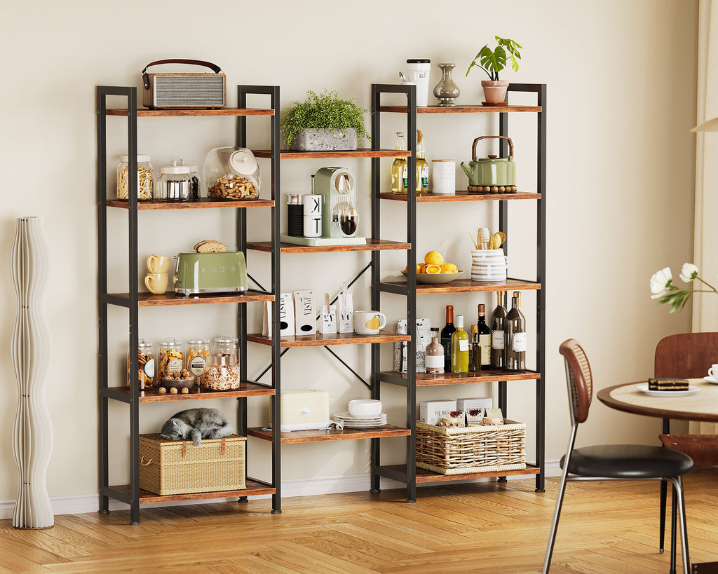 Triple 5 Tier Bookshelf, Large Bookcase with 14 Open Display Shelves, Modern Industrial Book Shelves Book Case for Bedroom, Wide Standing Shelving Unit for Living Room Home Office, Vintage