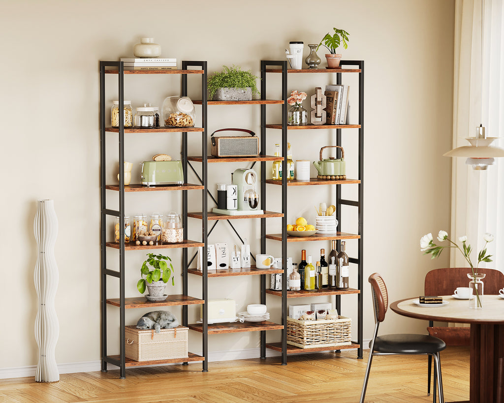 Triple 6 Tier Bookshelf, Large Bookcase with 17 Open Display Shelves, Modern Industrial Book Shelves Book Case for Bedroom, Wide Standing Shelving Unit for Living Room Home Office, Vintage