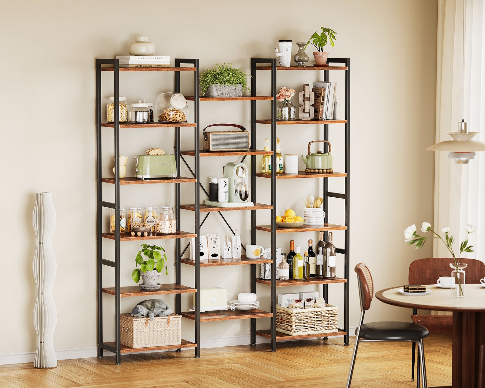Triple 6 Tier Bookshelf, Large Bookcase with 17 Open Display Shelves, Modern Industrial Book Shelves Book Case for Bedroom, Wide Standing Shelving Unit for Living Room Home Office, Vintage