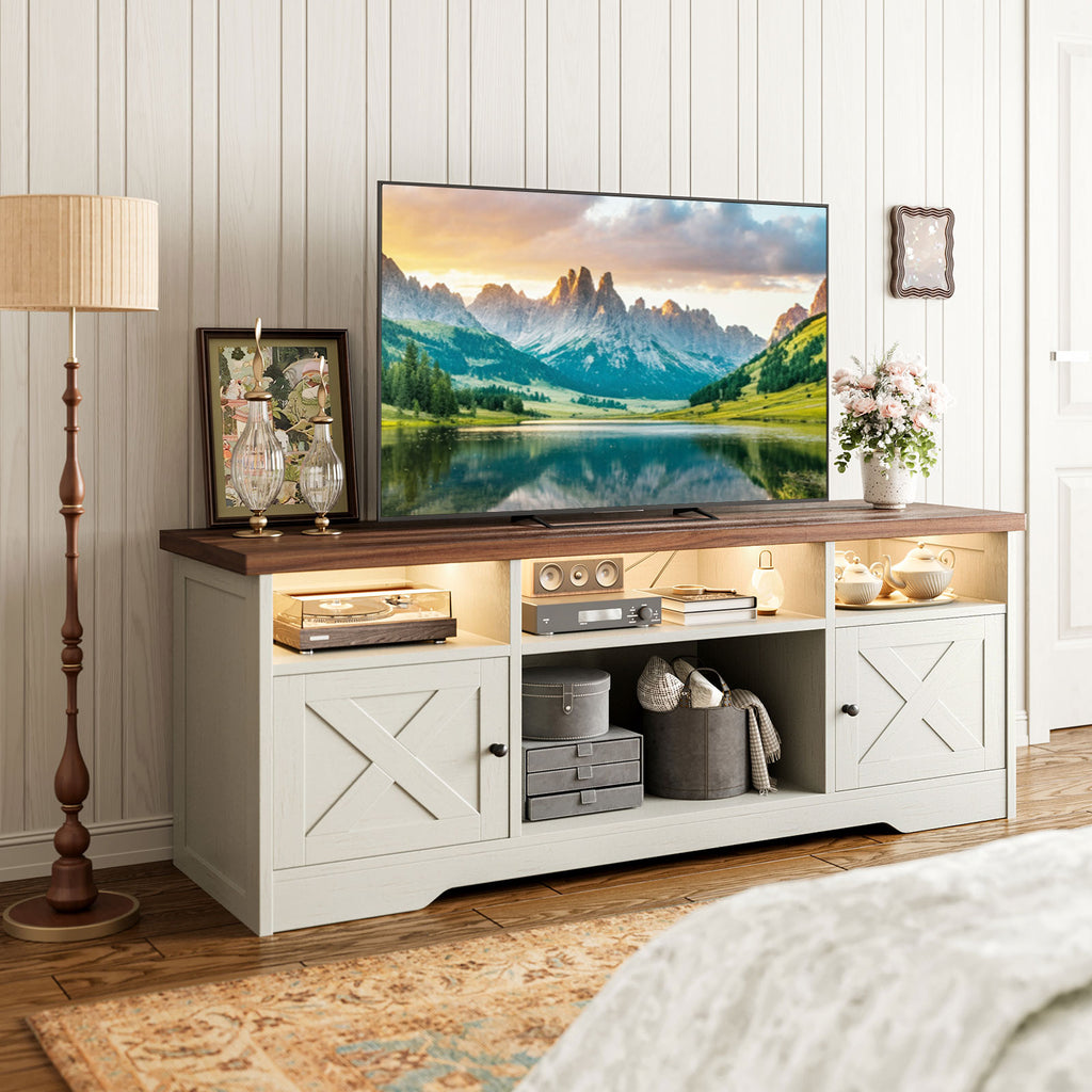 TV Stand for 65 Inch TV, Farmhouse Entertainment Center with Power Outlet & LED Light and Storage Cabinets, Console Table and Media Furniture for Living Room Bedroom