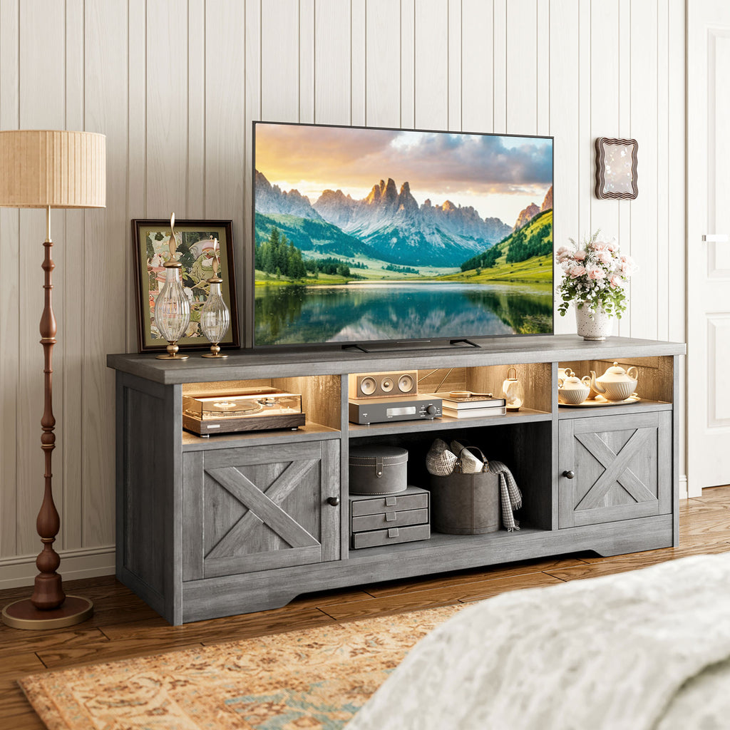 TV Stand for 65 Inch TV, Farmhouse Entertainment Center with Power Outlet & LED Light and Storage Cabinets, Console Table and Media Furniture for Living Room Bedroom
