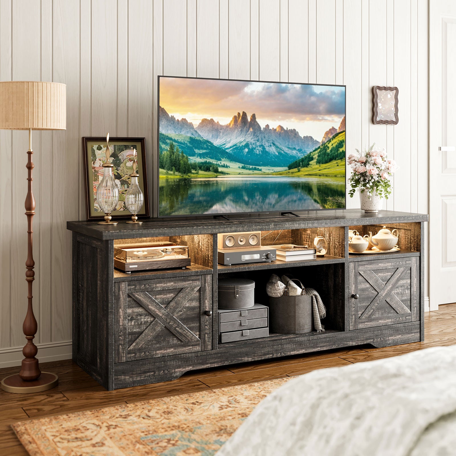 TV Stand for 65 Inch TV, Farmhouse Entertainment Center with Power Outlet & LED Light and Storage Cabinets, Console Table and Media Furniture for Living Room Bedroom
