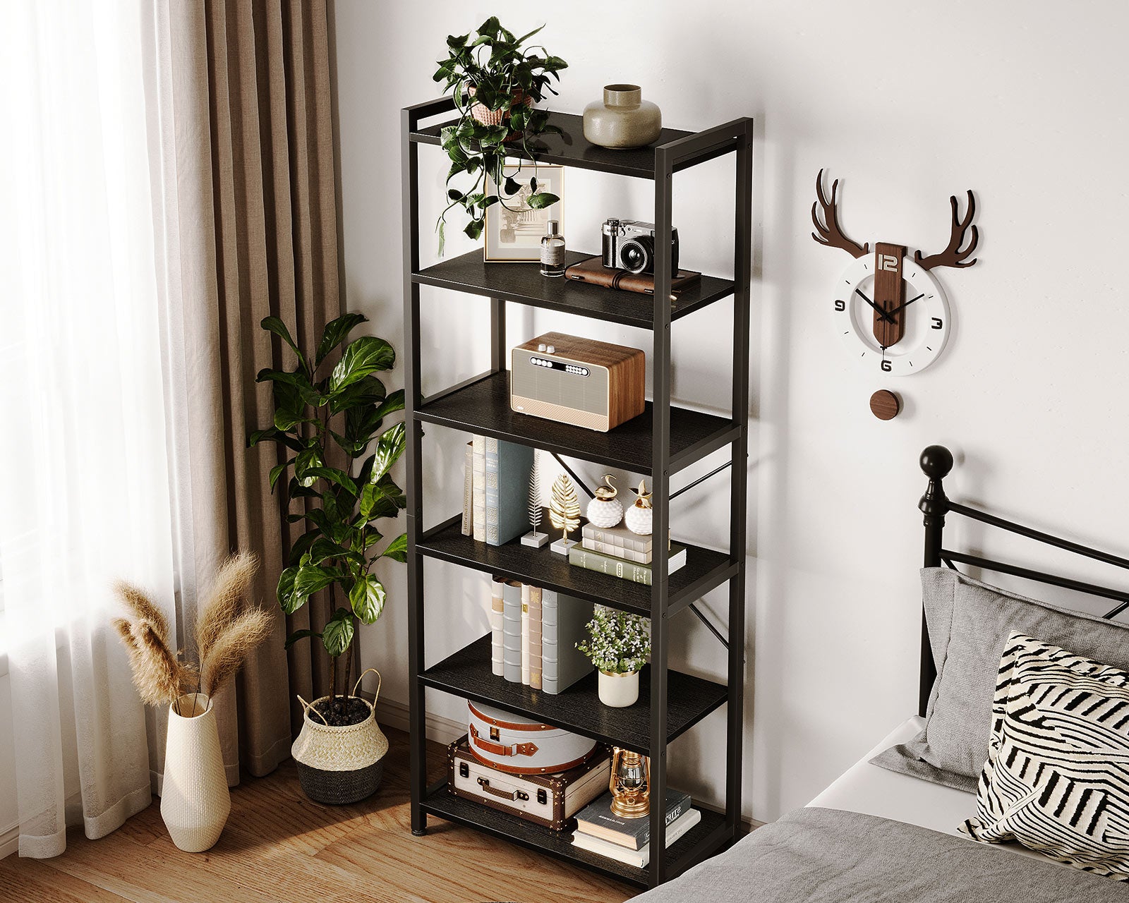 Book Shelf, 6 Tier Tall Bookshelf, Modern Wood Bookcase Shelves for Bedroom, Industrial Display Shelf for Living Room Home Office Kitchen, Standing Shelving Unit Storage Organizer, Black
