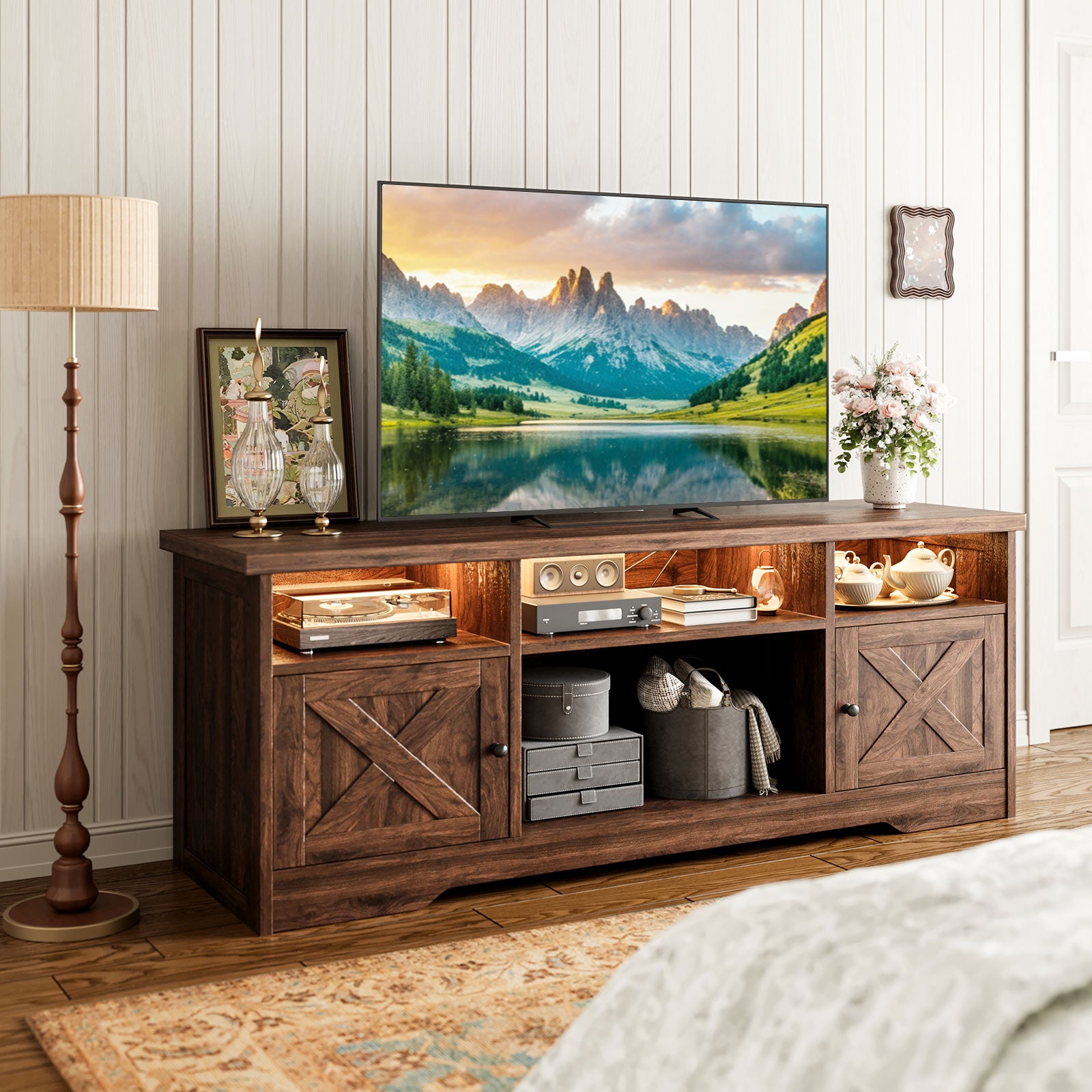 TV Stand for 65 Inch TV, Farmhouse Entertainment Center with Power Outlet & LED Light and Storage Cabinets, Console Table and Media Furniture for Living Room Bedroom